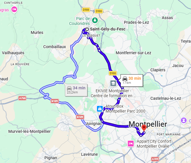 trajet Saint-Gély-du-Fesc Montpellier escape game