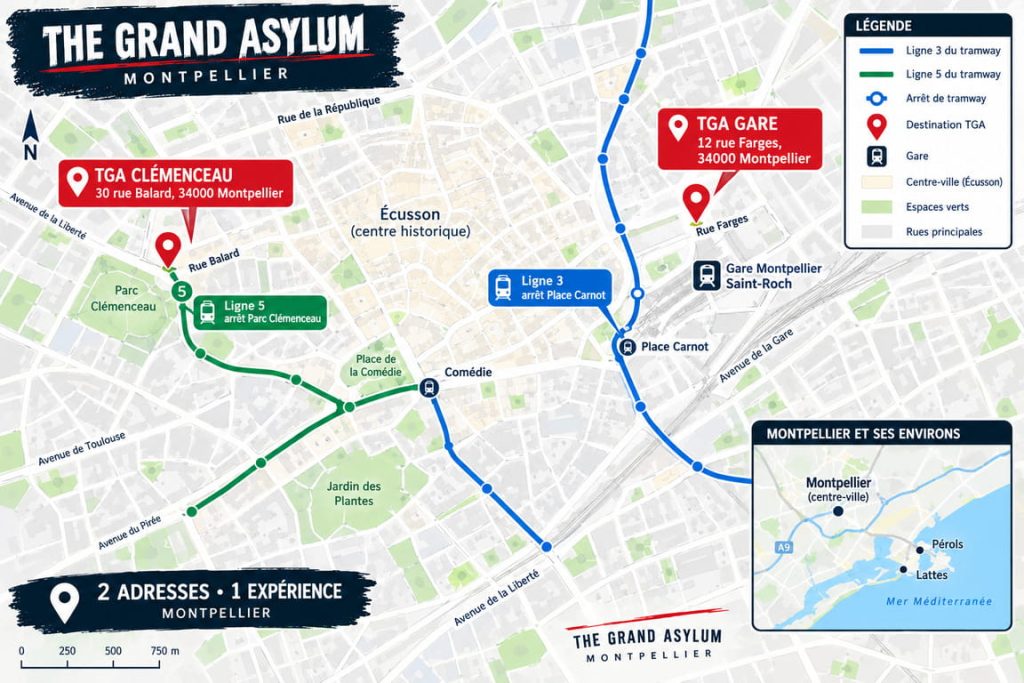 Escape game à Pérols : jouer à 25 minutes en tram, chez The Grand Asylum 2 trajet tram ligne 3 Pérols Montpellier escape game TGA Gare